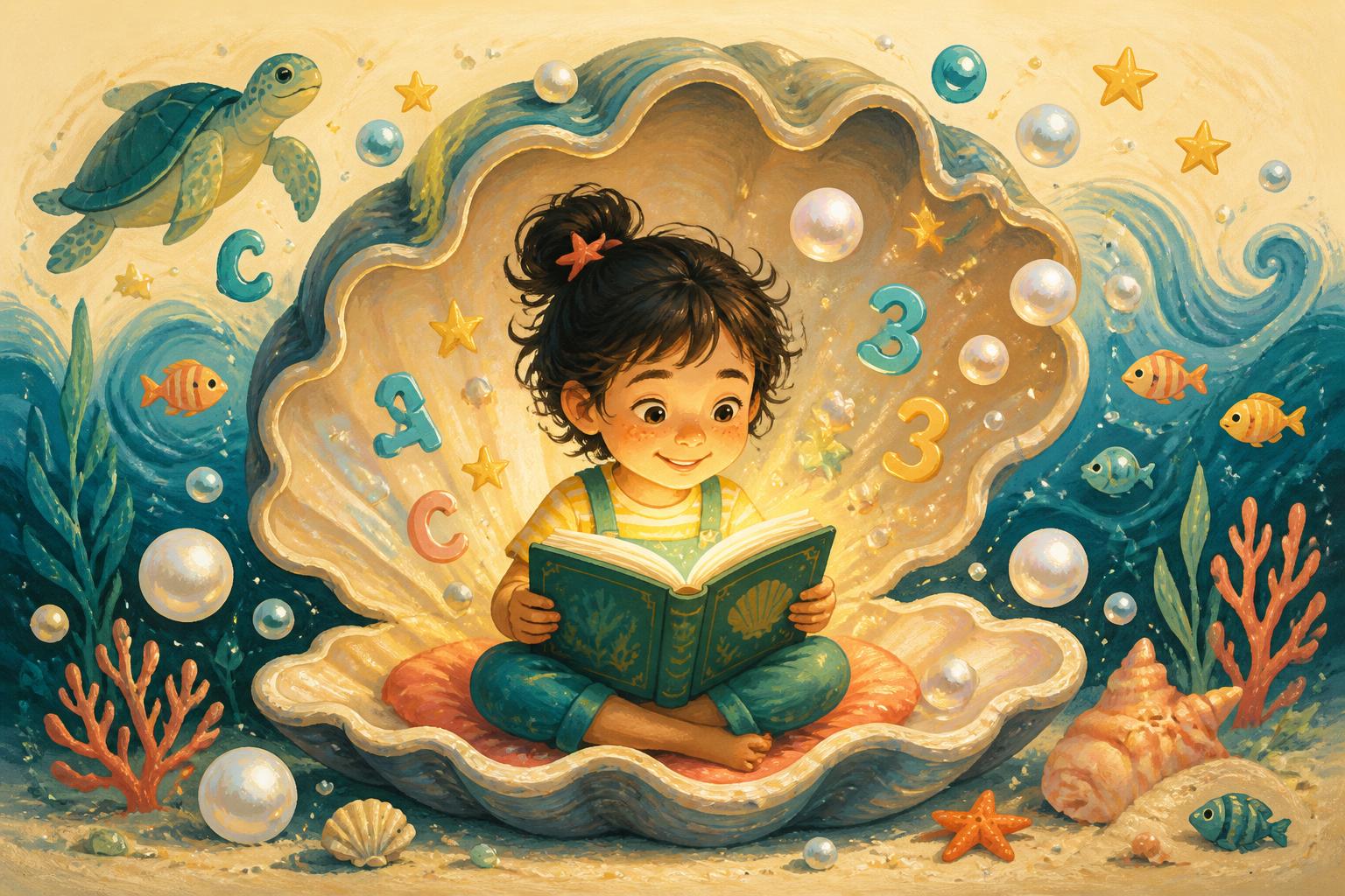 Child reading inside a giant pearl oyster shell surrounded by floating letters, numbers and sea creatures